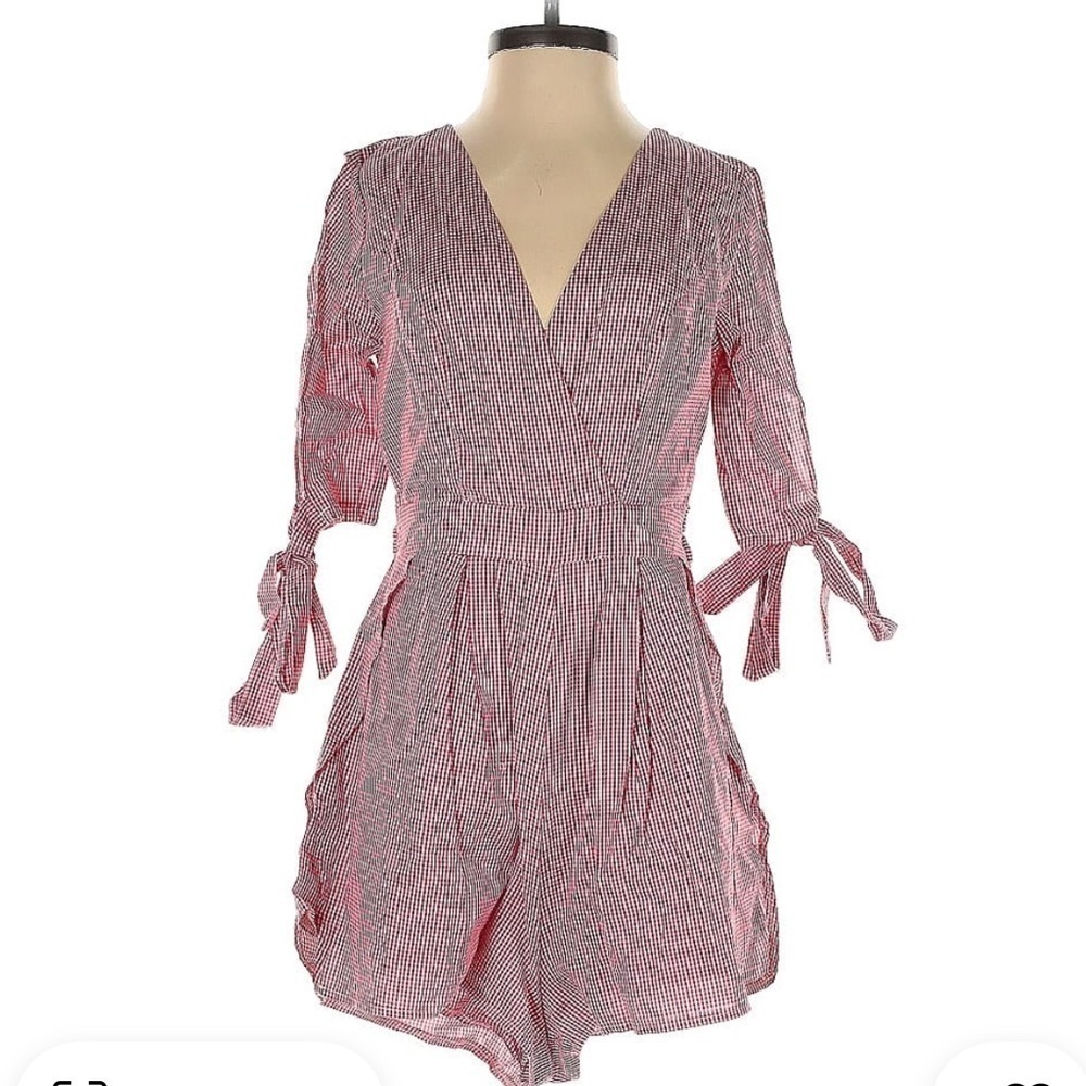 Seek the Label Red Gingham Half Tie Sleeve Romper V Neck Wrap Small - Picture 2 of 9